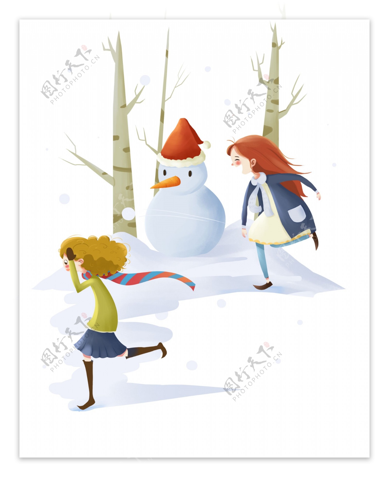 手绘冬天下雪玩耍儿童插画