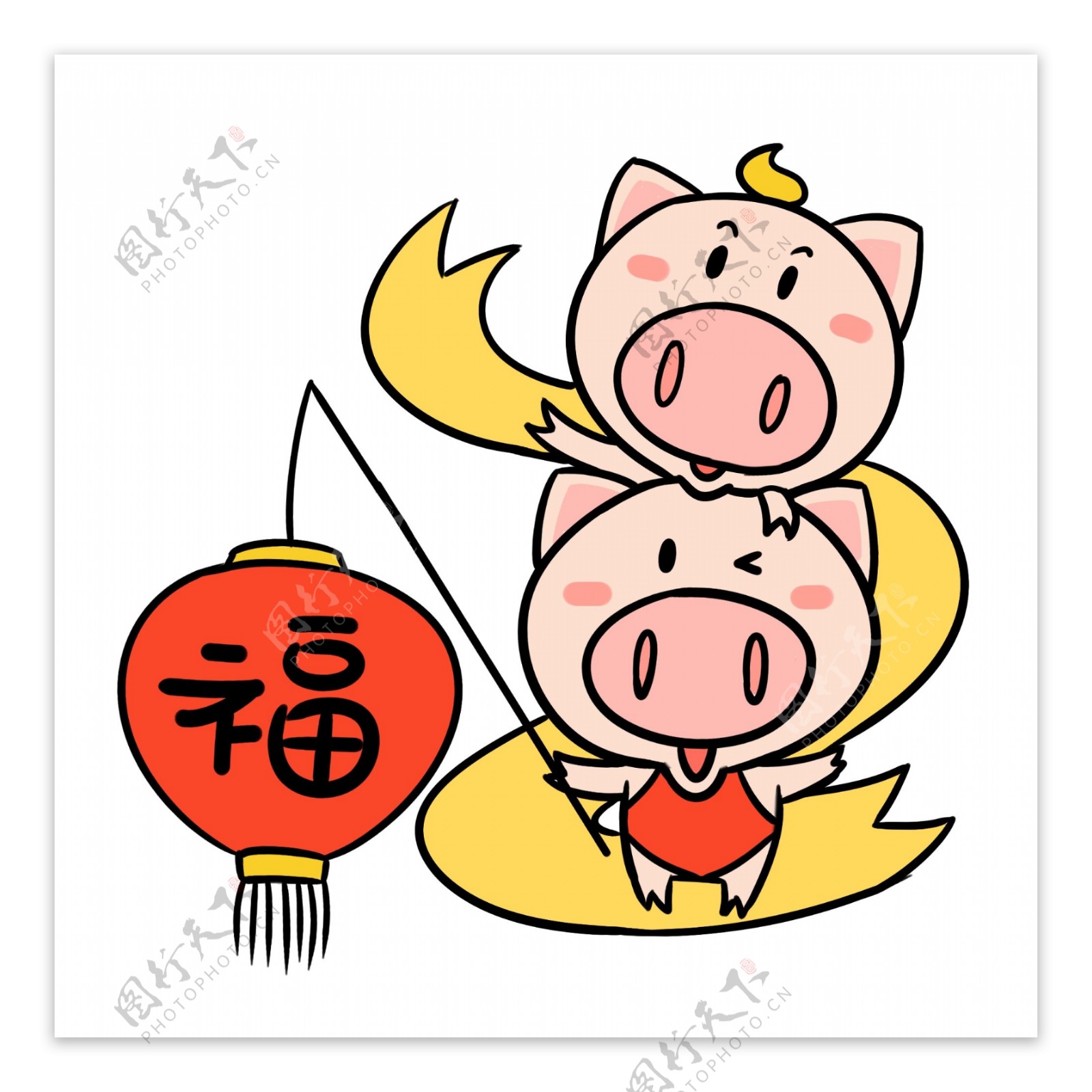挑福灯笼的可爱猪猪卡通插画