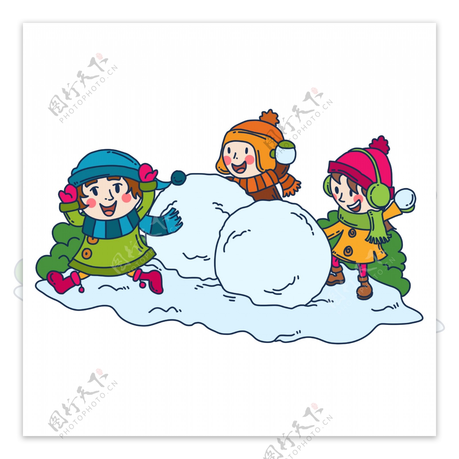 手绘冬季滚雪球儿童人物插画