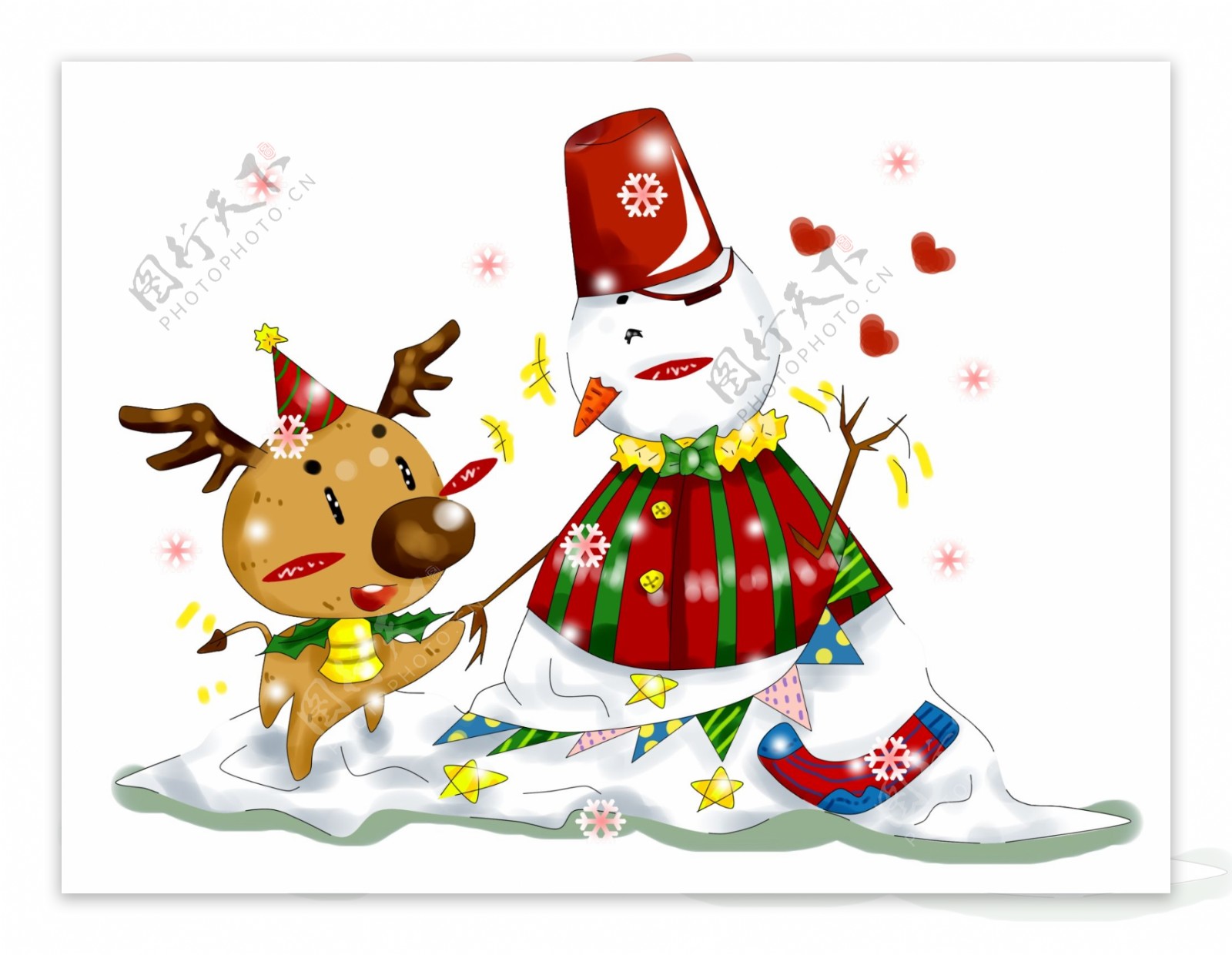 卡通手绘原创厚涂唯美圣诞节小鹿与雪人插画PNG