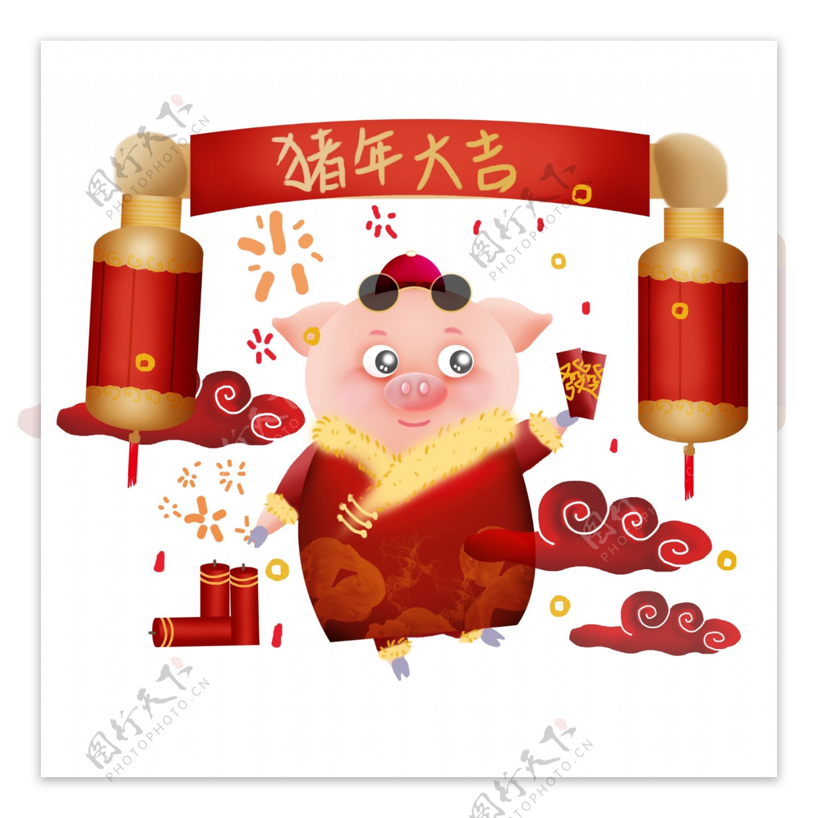 猪年大吉新年祝福发财手绘插画手机界面新年红