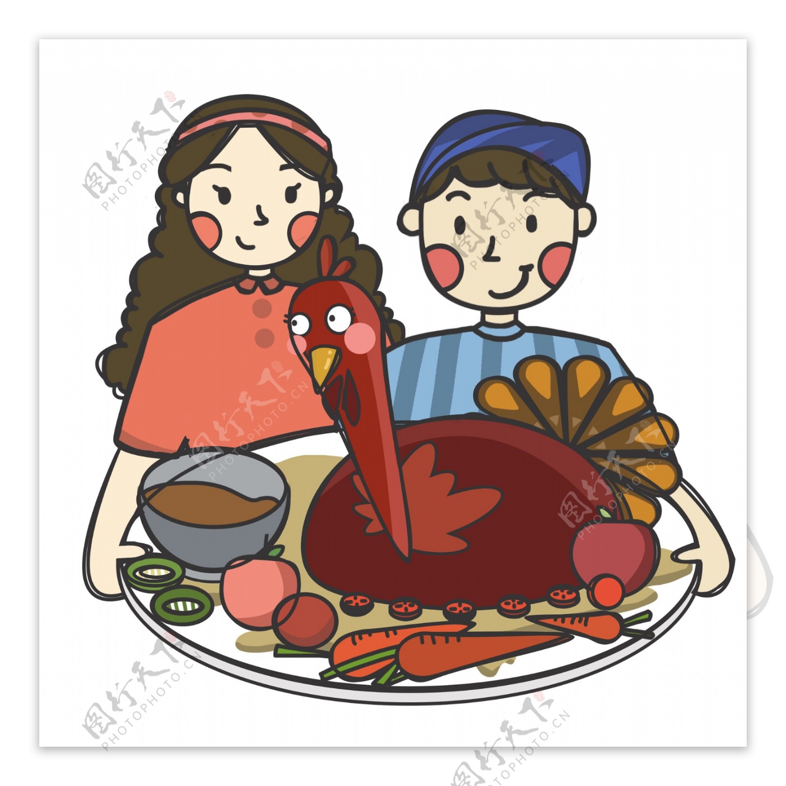 卡通手绘节日感恩节家庭家人聚会吃火鸡