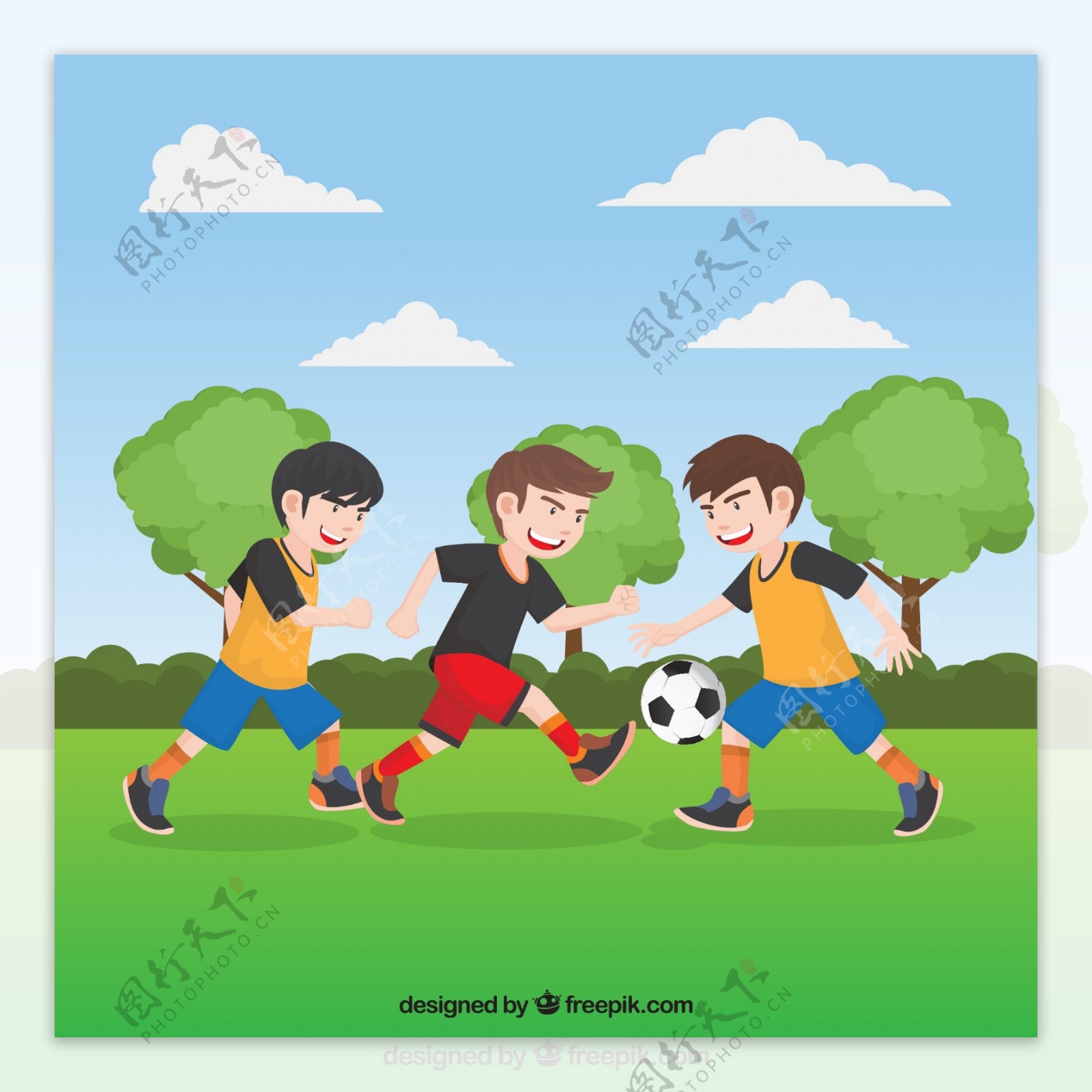3个草地上踢足球的男孩