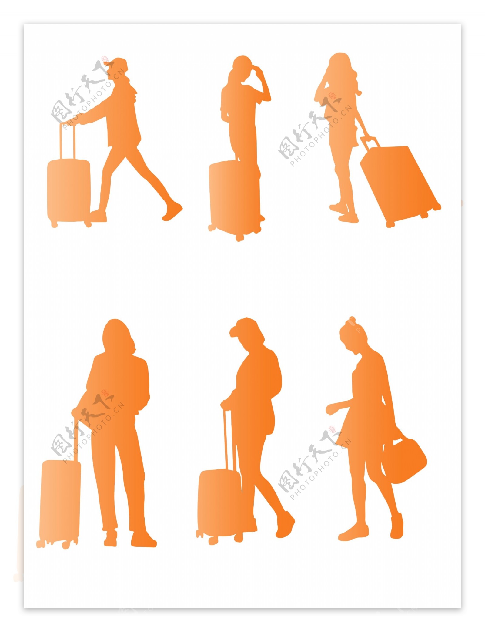 简约风手拿行李箱的女性橙色人物剪影元素
