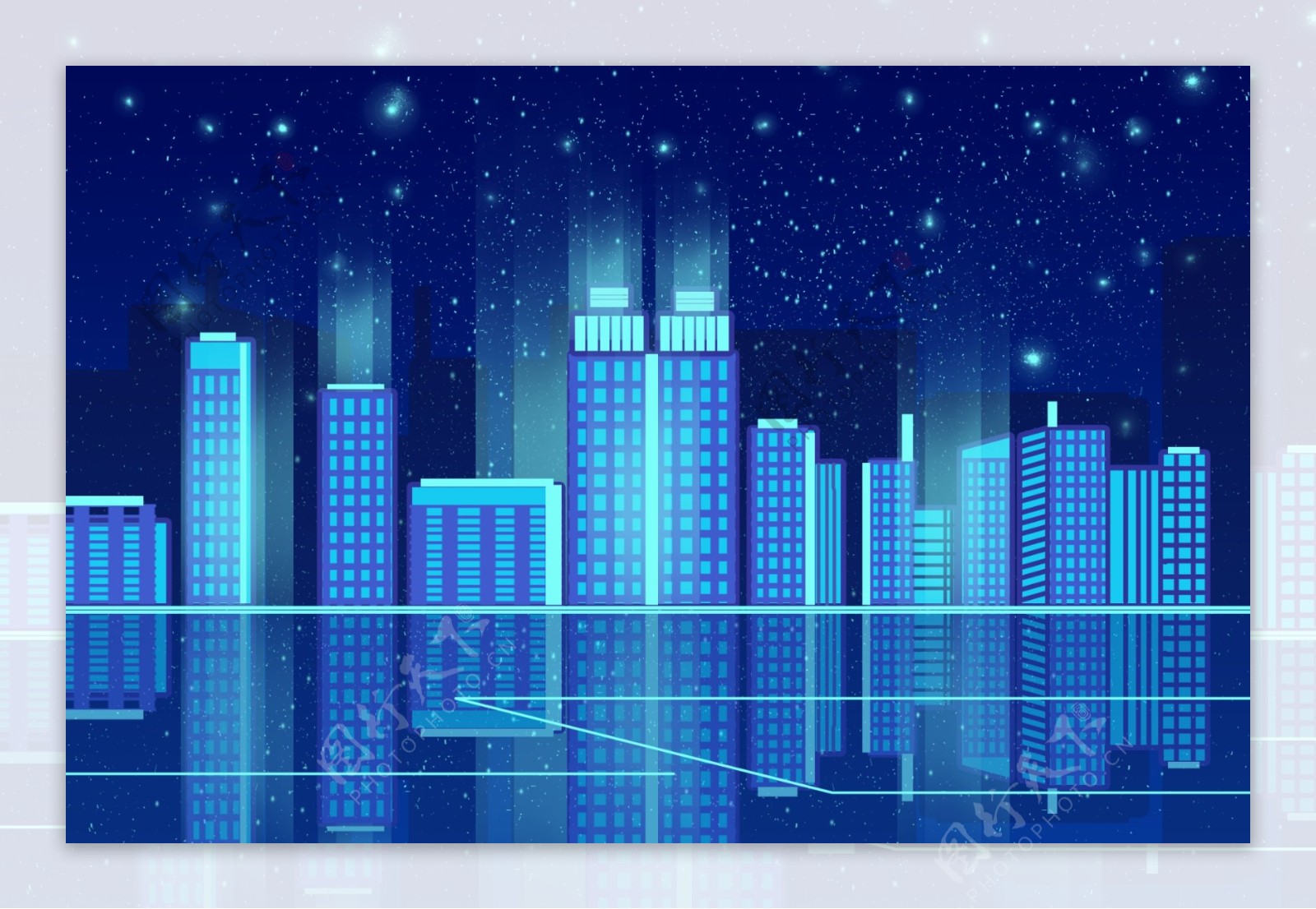 蓝色渐变城市夜景扁平风透气科技感唯美星空