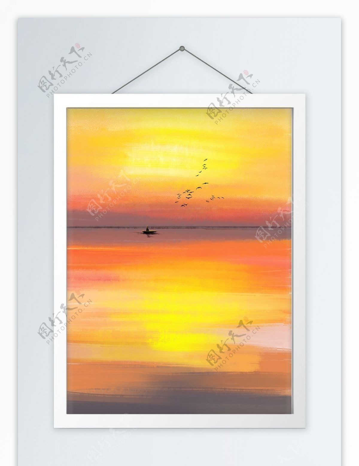 现代手绘油画风景海面夕阳装饰画