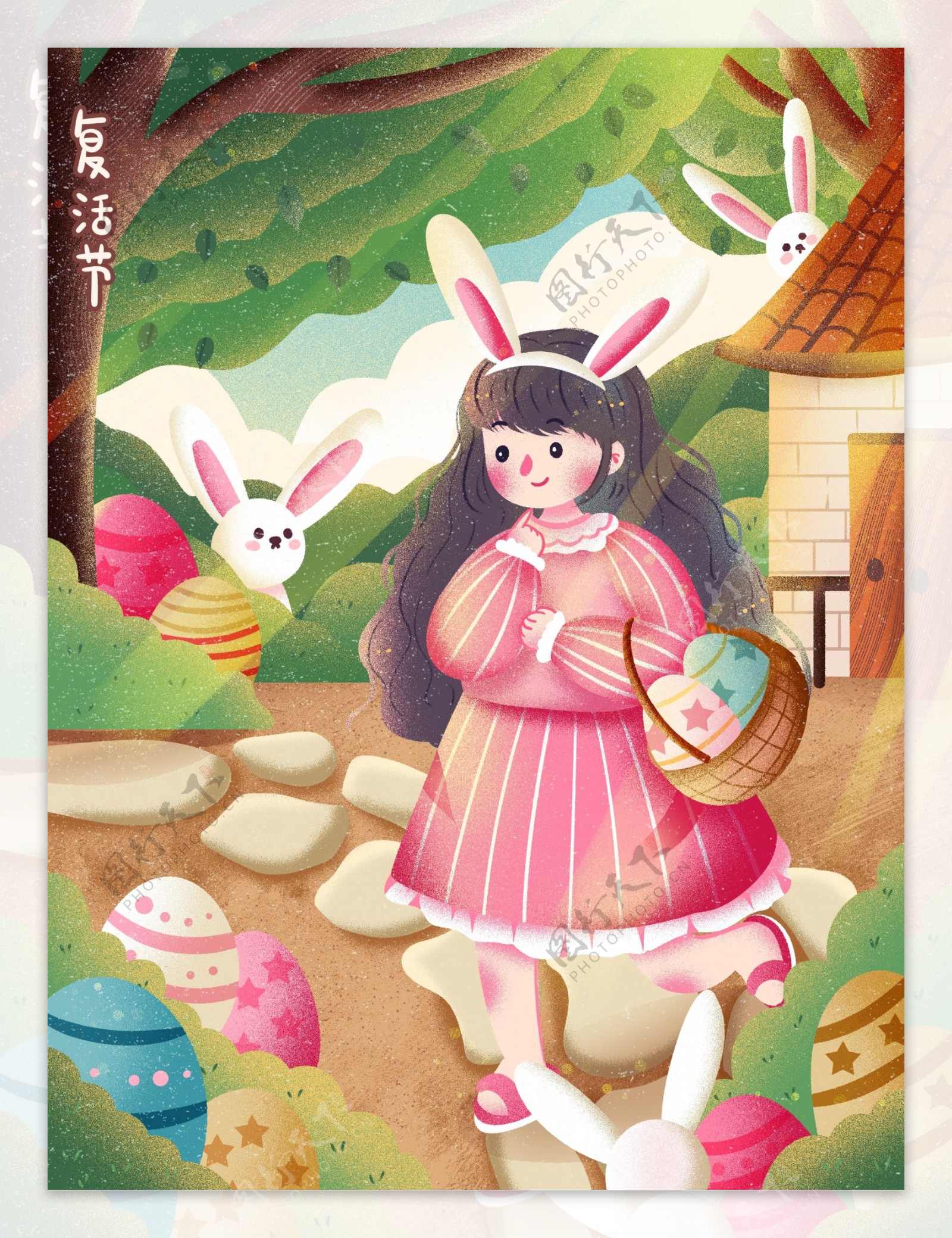 创意复活节节日兔子寻找彩蛋可爱卡通海报
