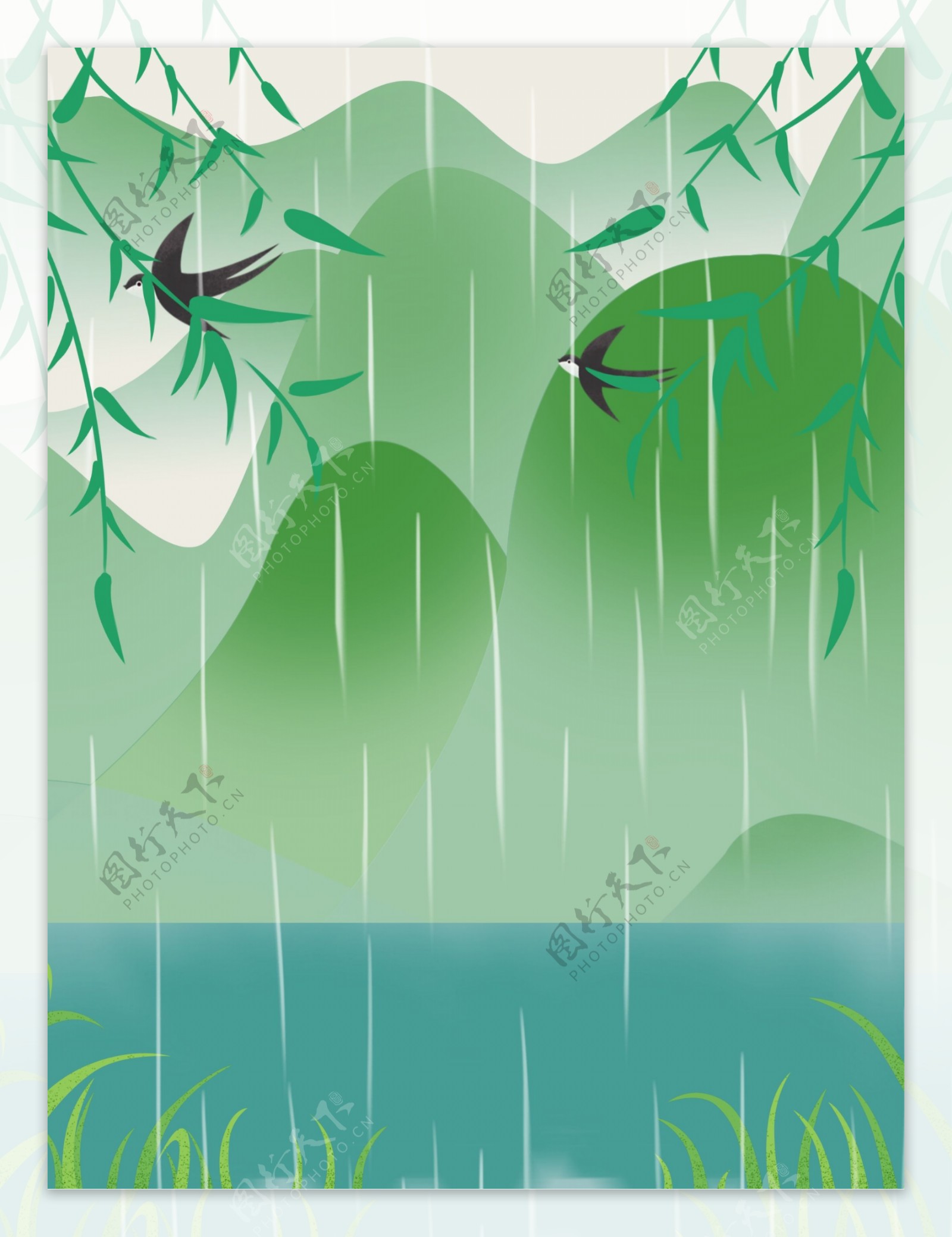 手绘春季谷雨柳条燕子背景设计
