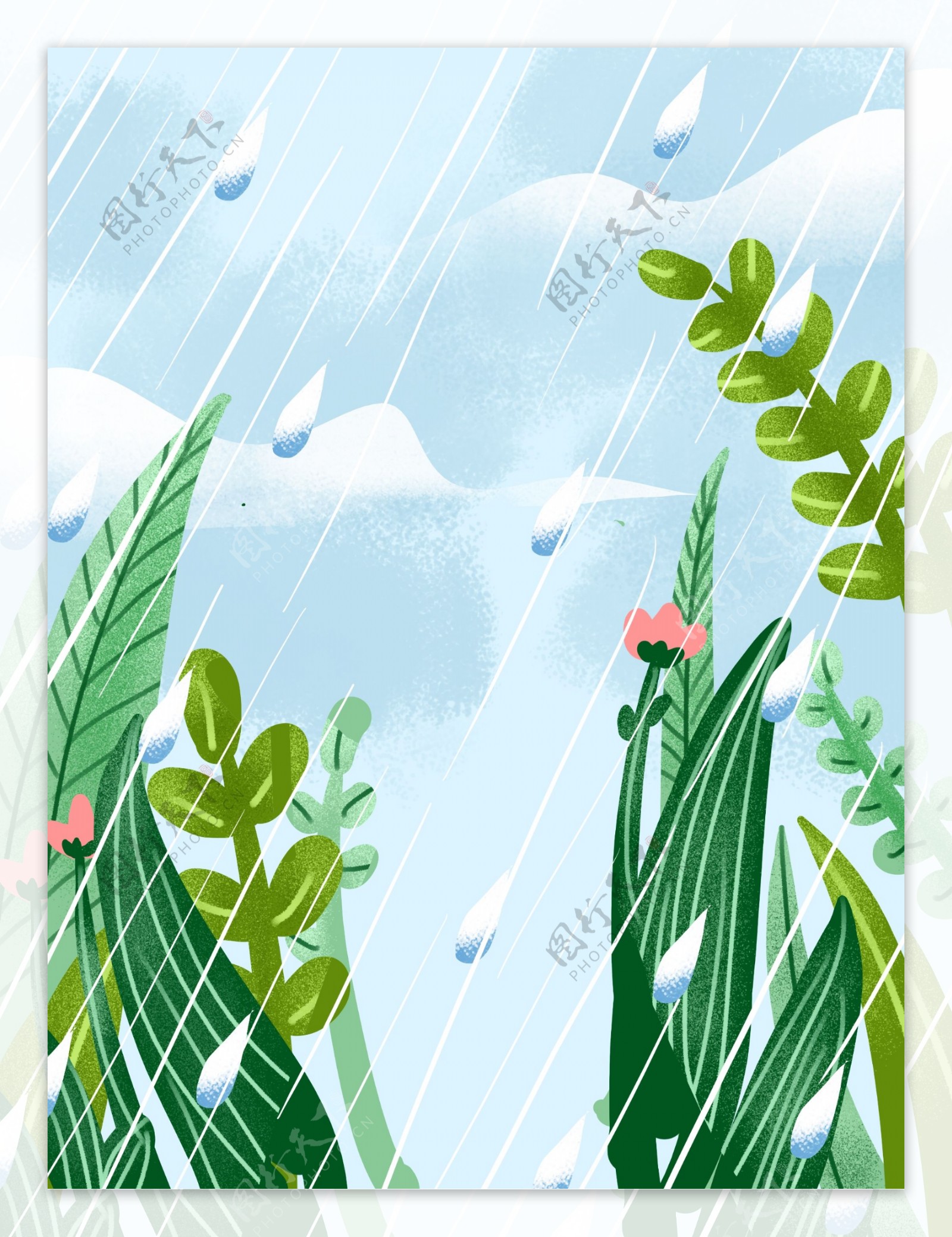 手绘夏天下雨草丛背景设计