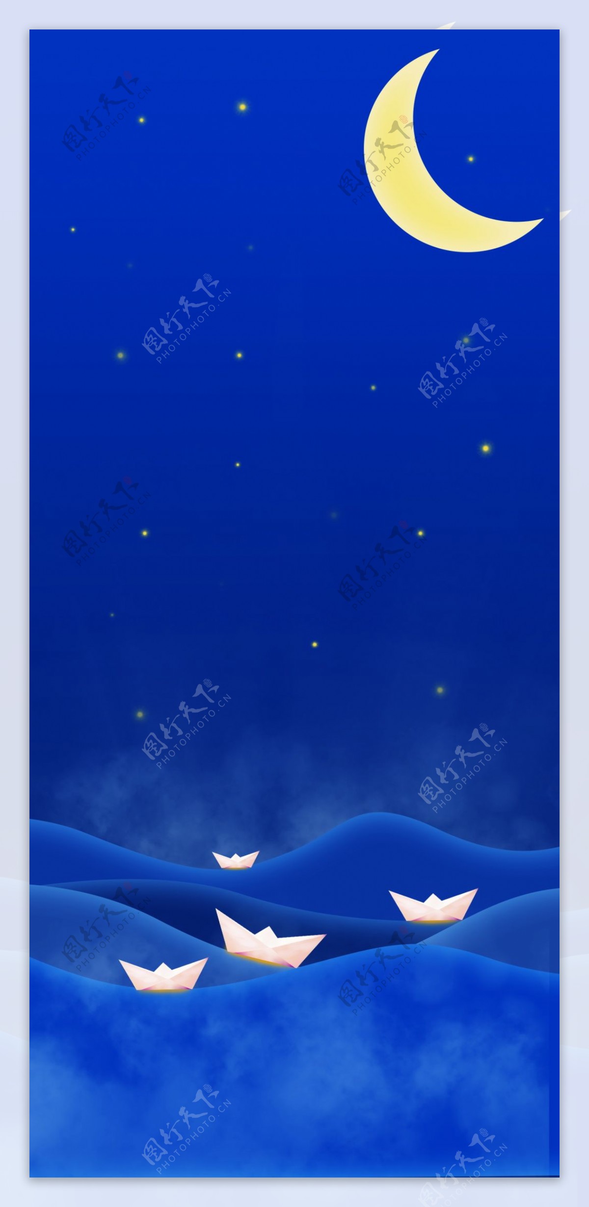 蓝色大气夜晚海上纸船插画背景