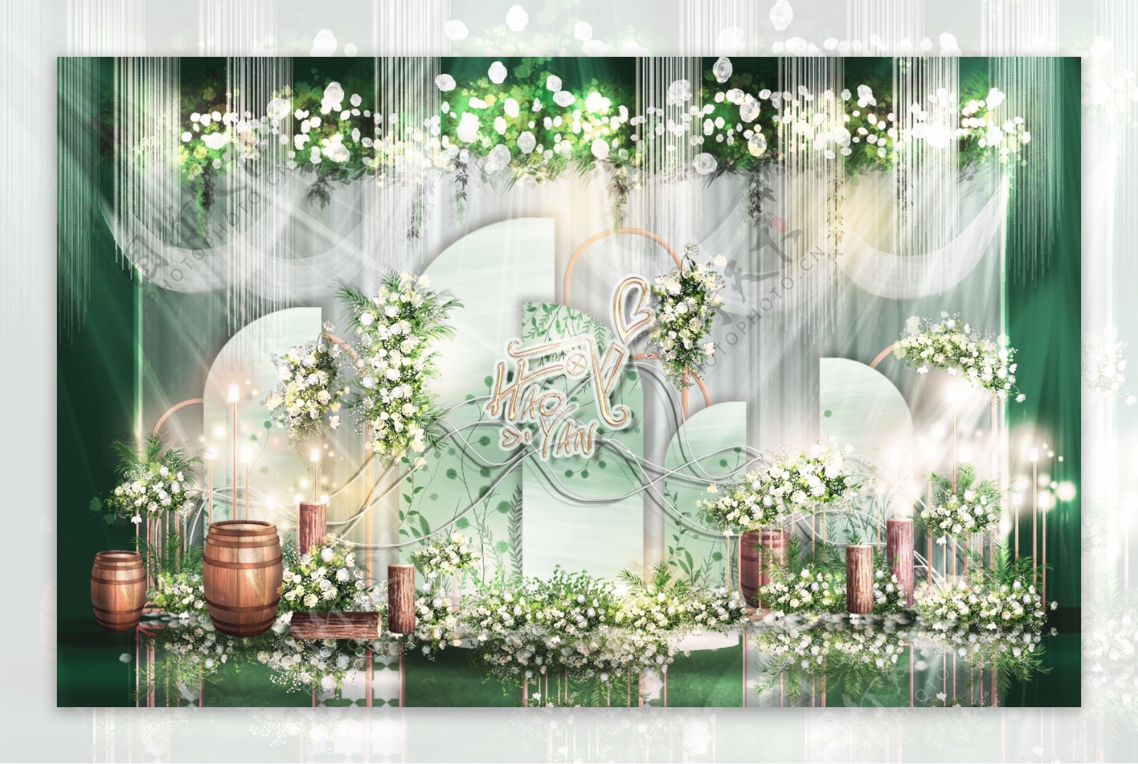 白绿色简约合影区婚礼效果图设计留影区设计