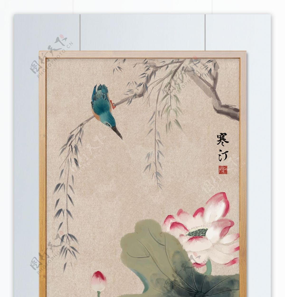 中国画国潮翠鸟荷花水墨传统商业插画
