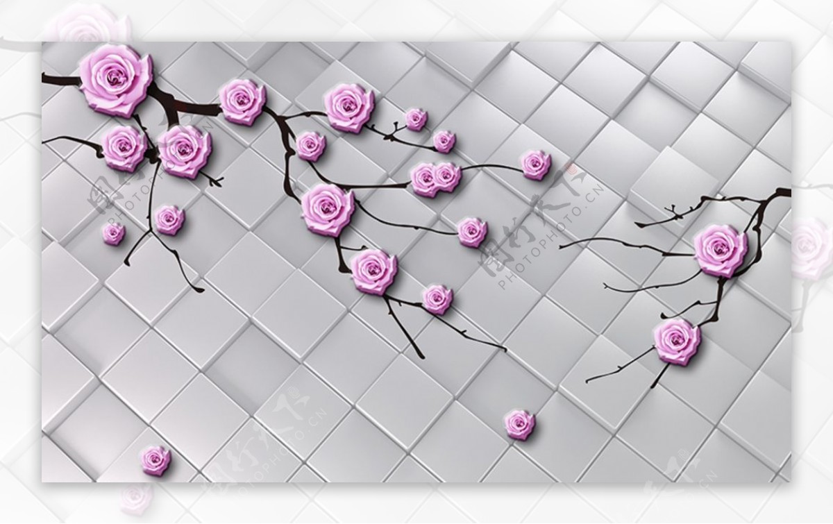 紫色玫瑰花方块立体电视背景墙