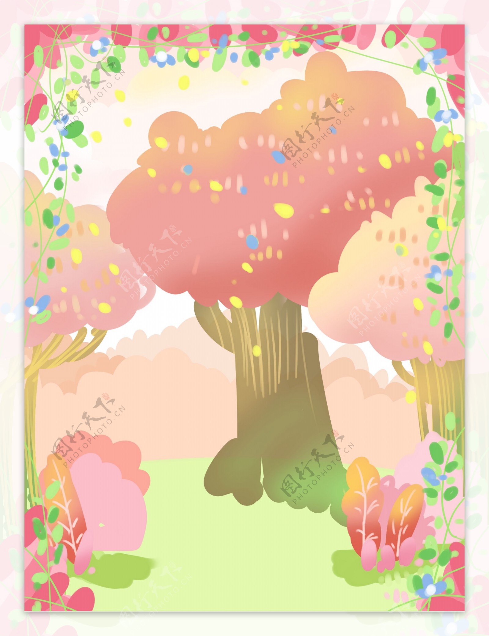 手绘夏天温馨花丛树林背景设计