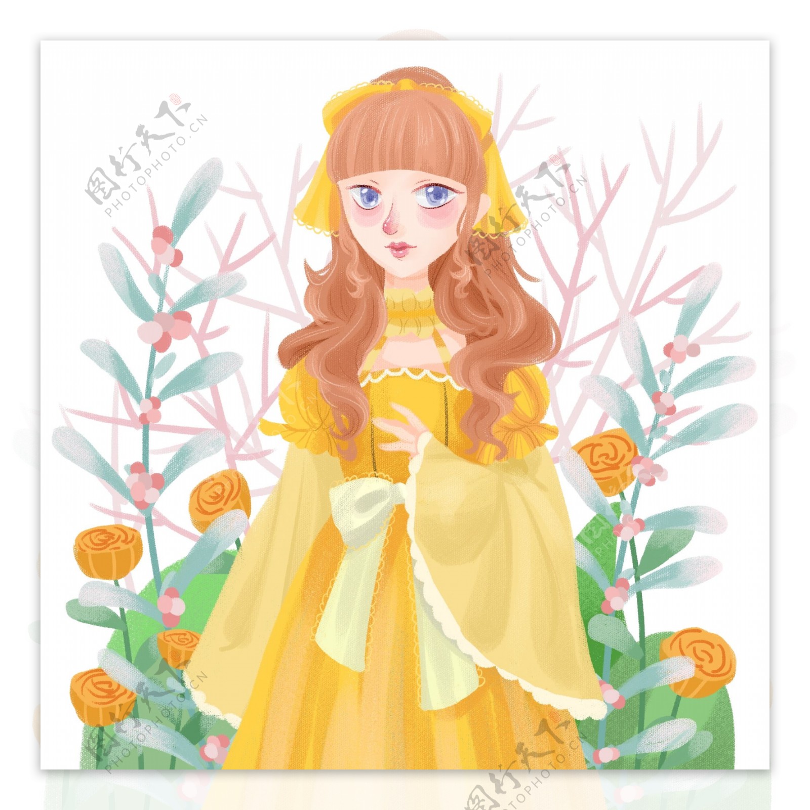 手绘橙黄裙子女孩绿植森林花朵