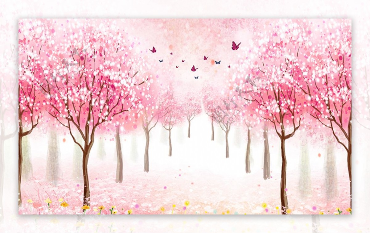 粉色樱花树立体电视背景墙