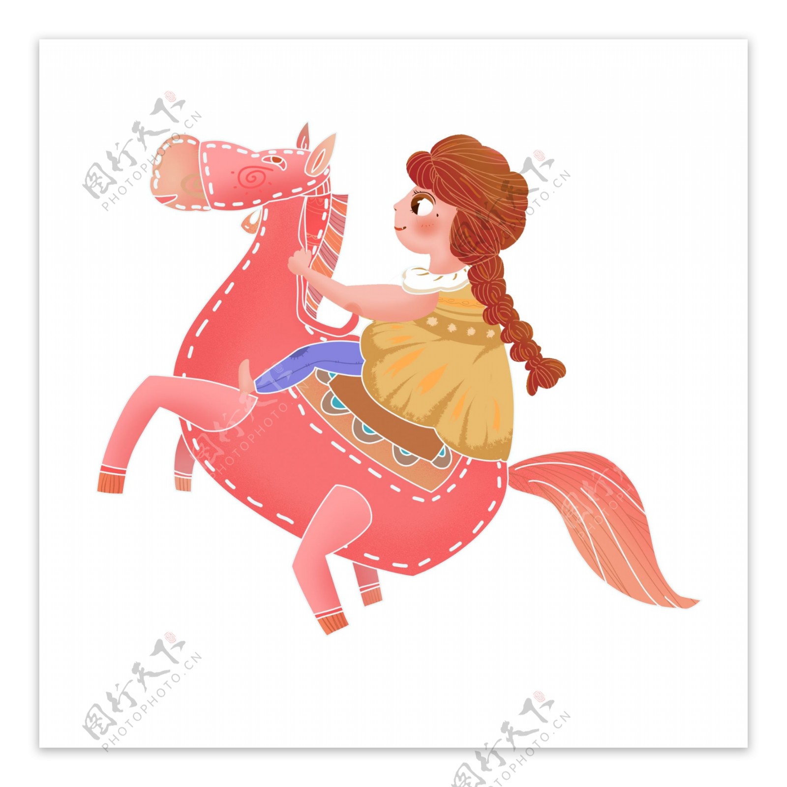 手绘可爱骑着木马的女孩子