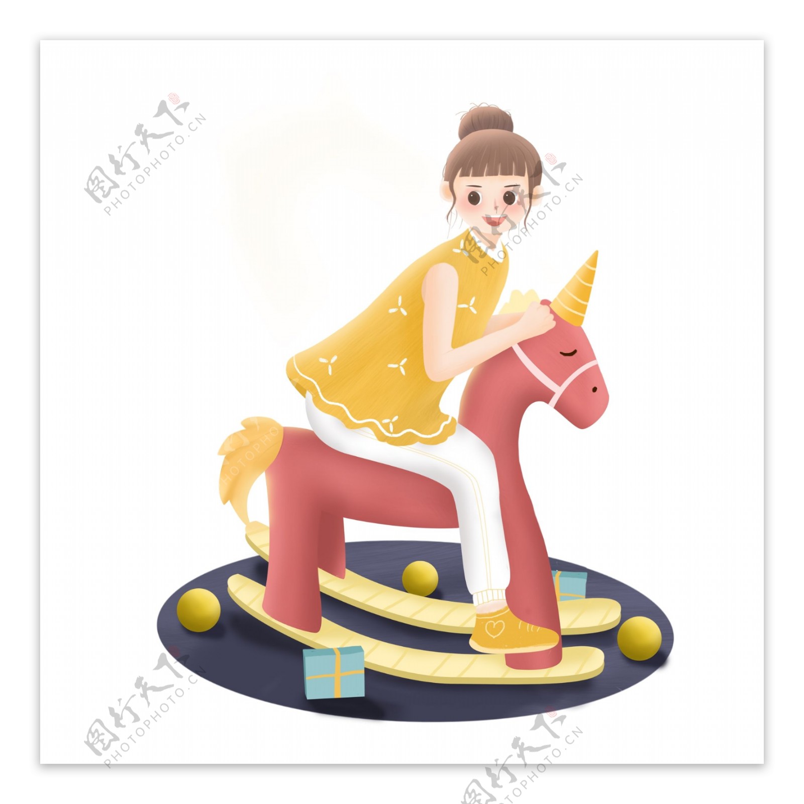 骑着木马的小女孩插画图片素材_ID:367168026-Veer图库