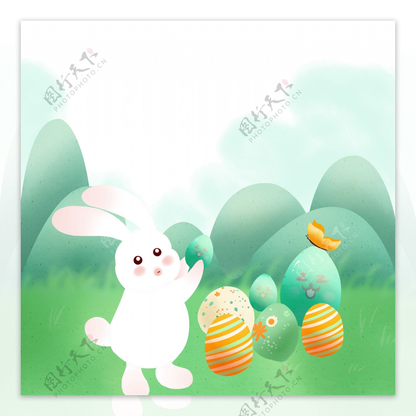 可爱兔子彩色鸡蛋装饰元素
