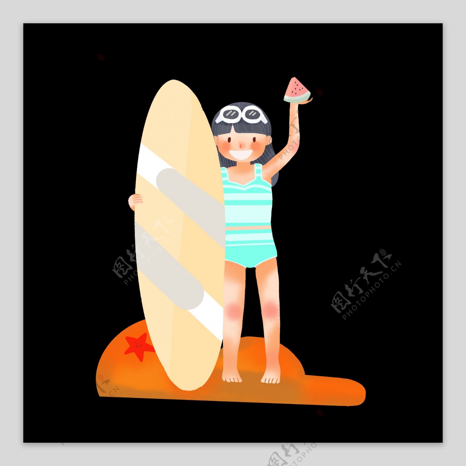 夏天海滩上拿着冲浪板的女孩
