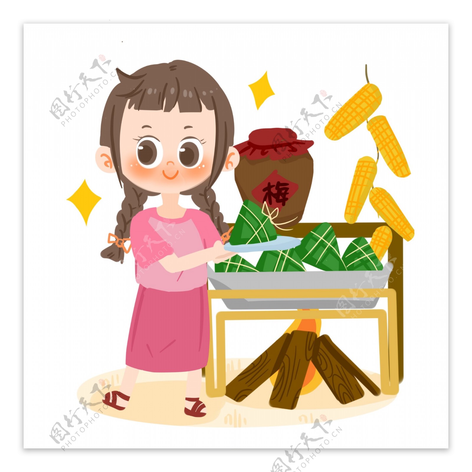 端午节卡通女孩吃粽子PNG素材