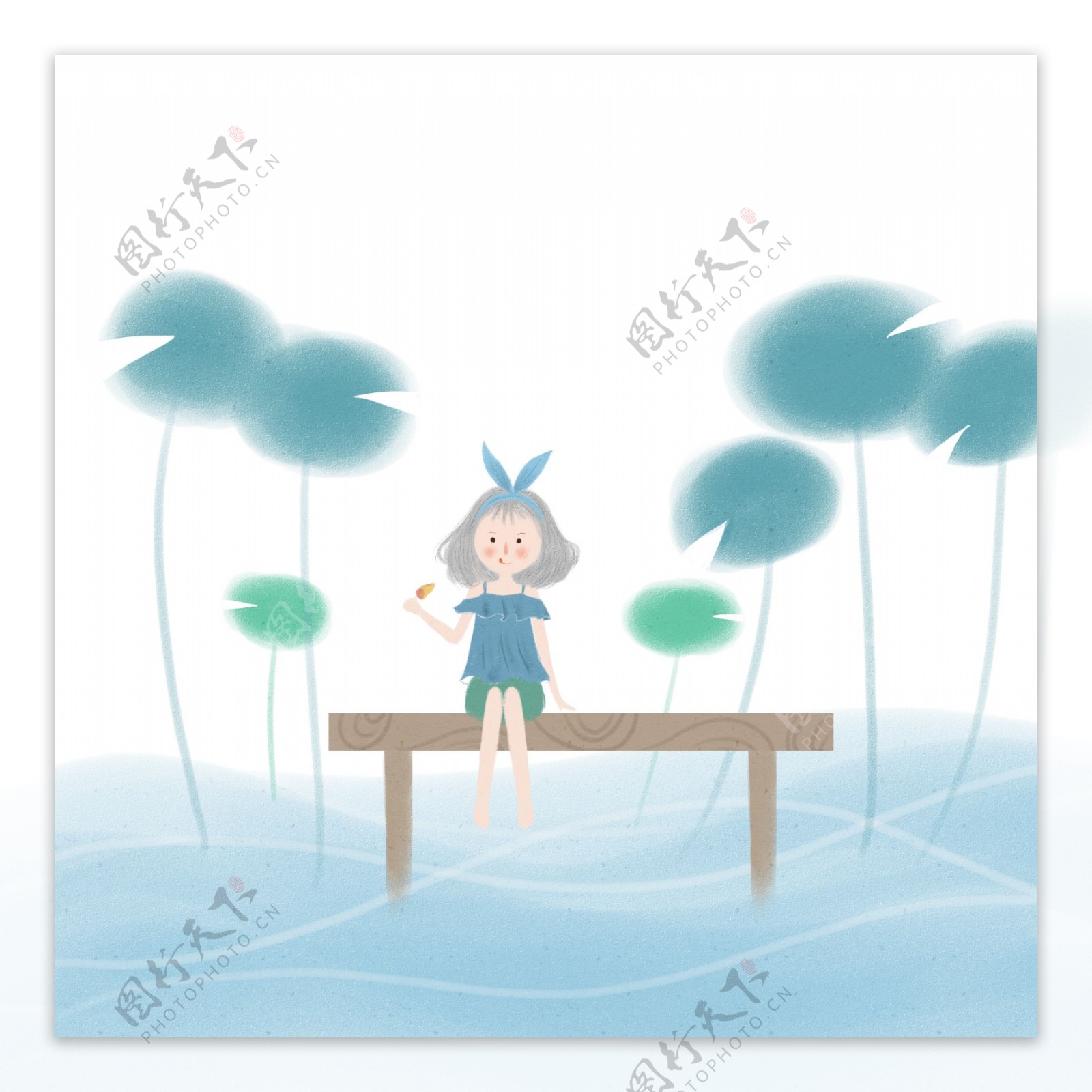 池塘乘凉吃雪糕的女孩夏季梦幻主题插画