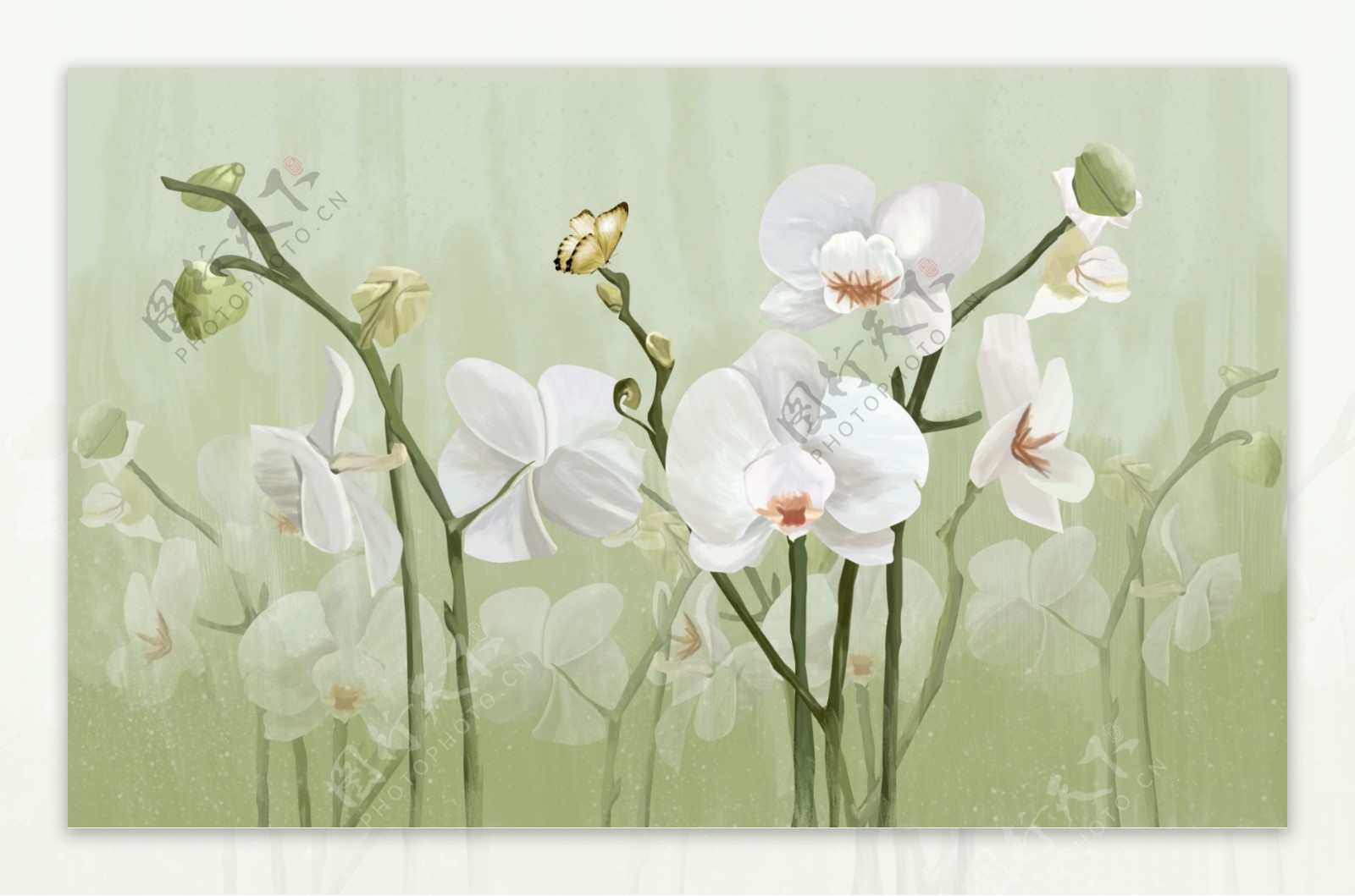 绿色清新白色花朵壁画背景墙