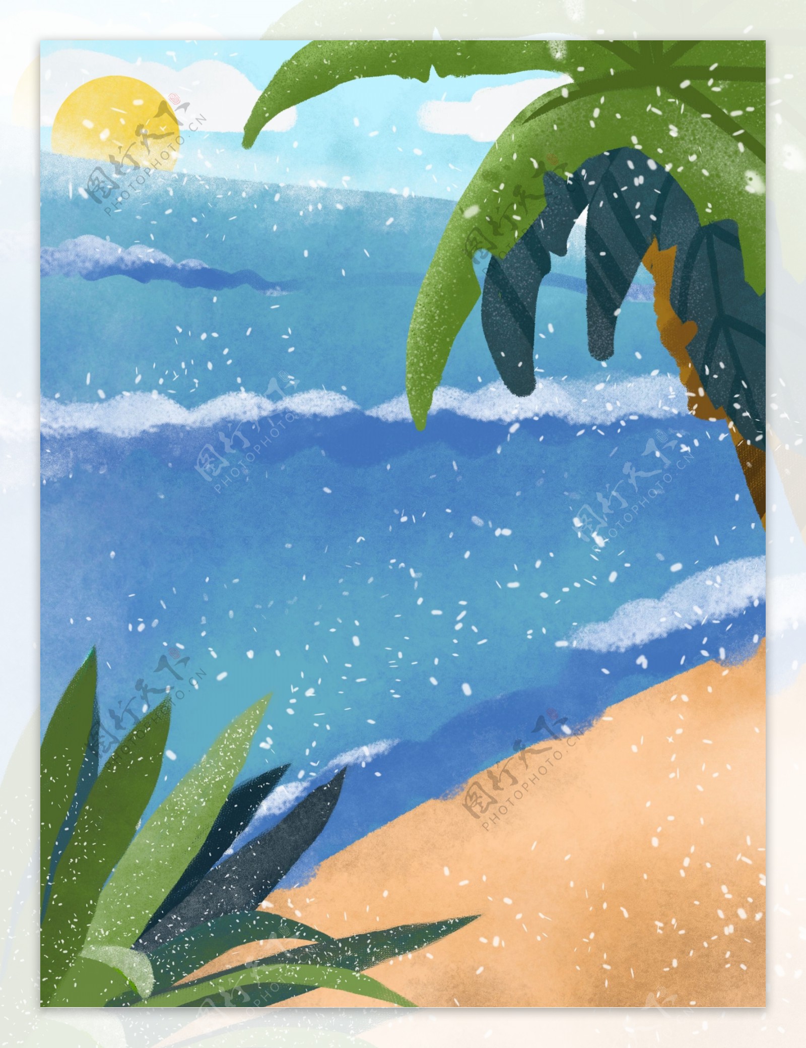 手绘夏季海滩椰树背景设计