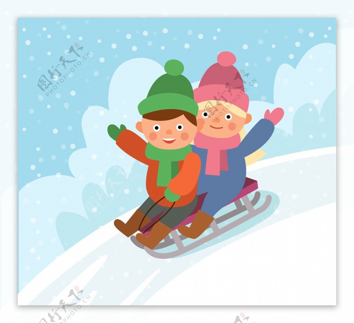 卡通玩雪橇的2个孩子