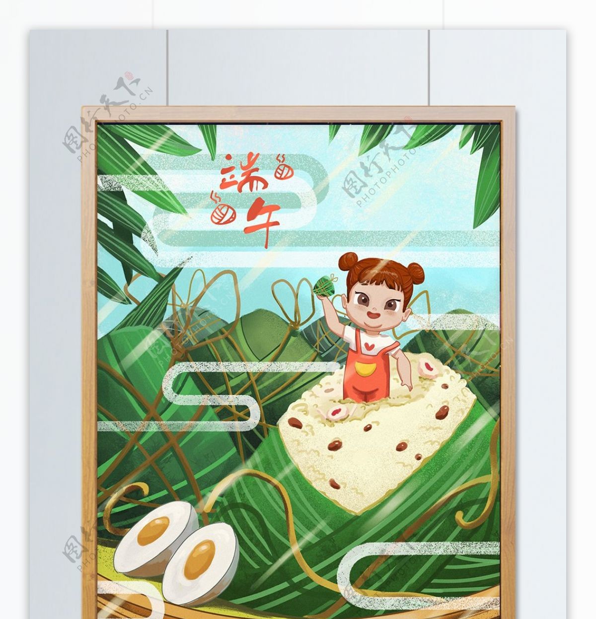 传统清新端午节女孩吃粽子咸蛋宣传海报包装