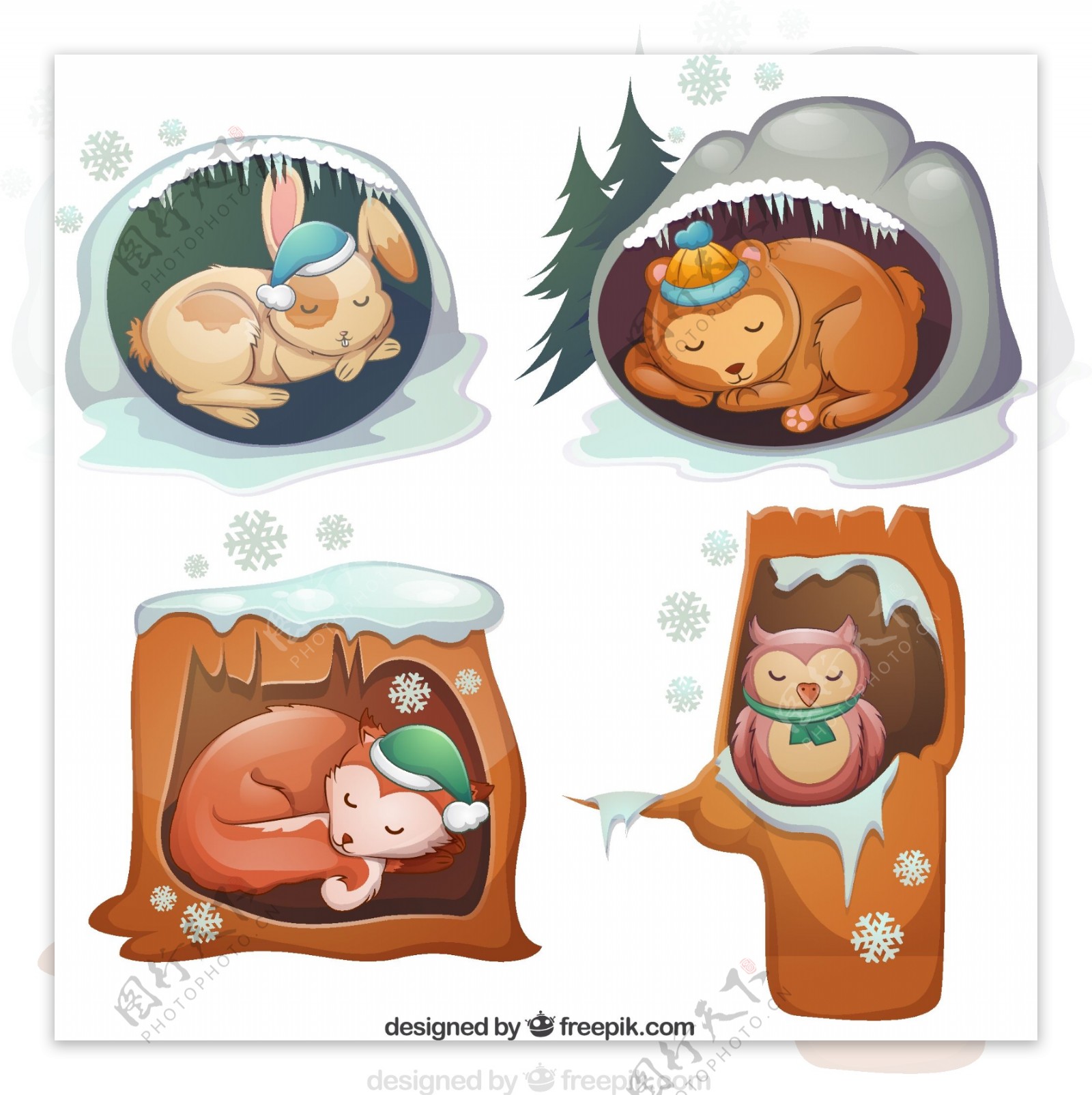 卡通林地动物睡觉在洞穴，空心，巢。森林动物休息或冬眠，可爱的浣熊，狐狸和海狸矢量插图集。木头动物的房子插画图片素材_ID:411223242-Veer图库