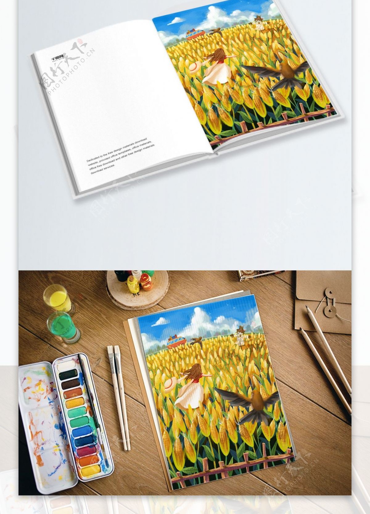 金色玉米地小女孩和稻草人秋天风景画