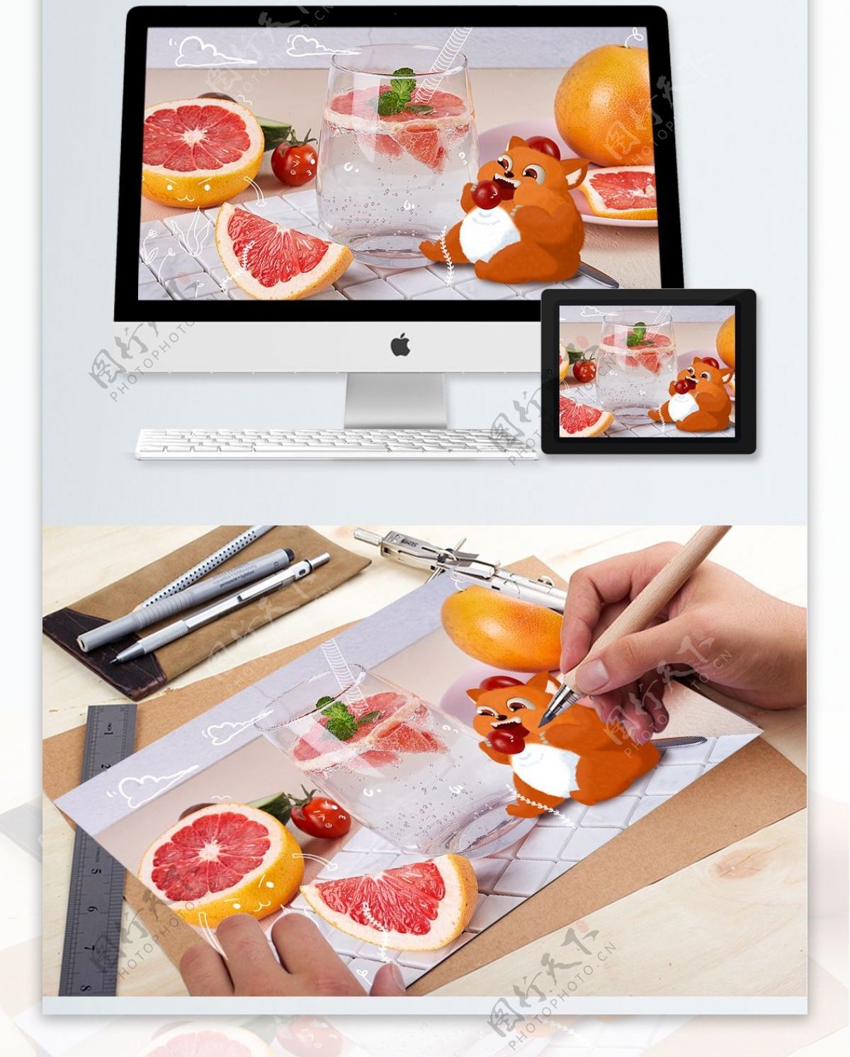 创意摄影图插画美食类西柚