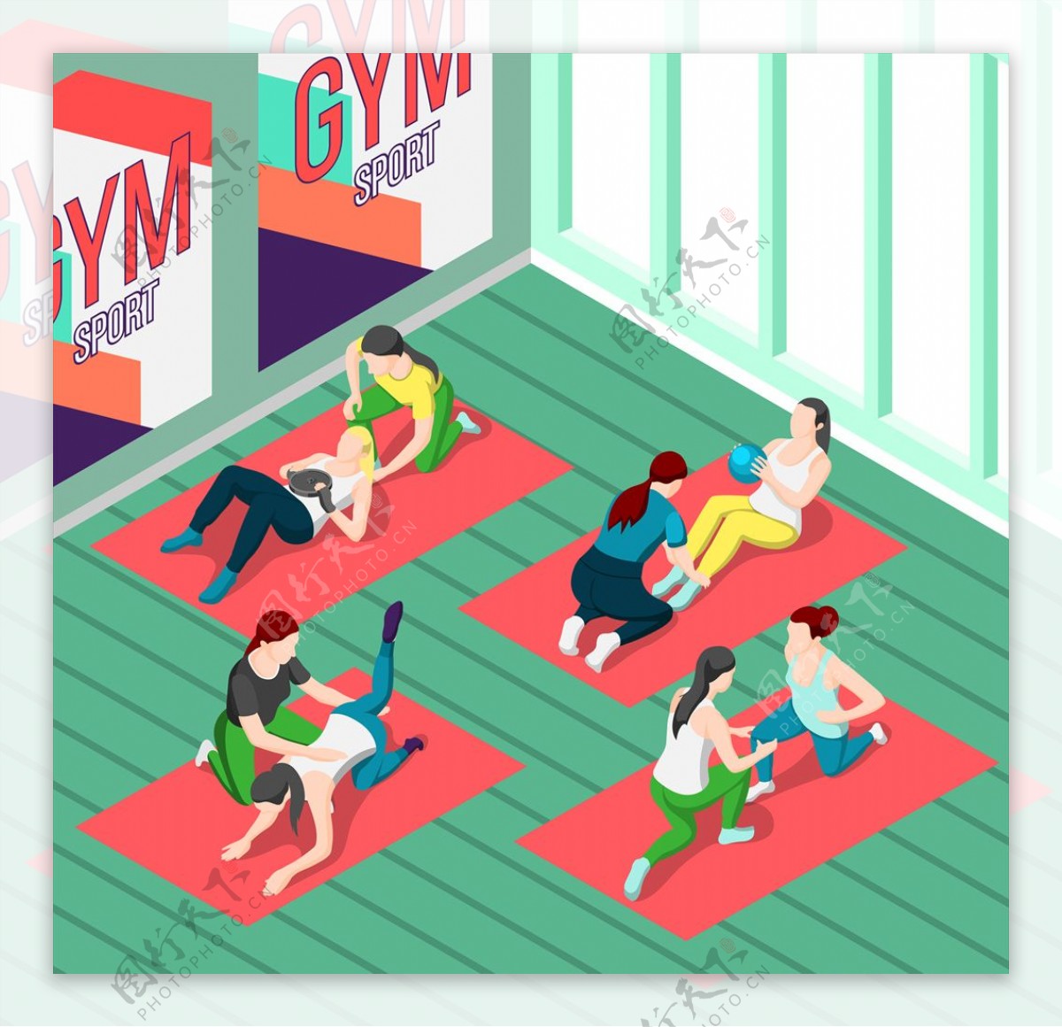 扁平化运动锻炼瑜伽插画设计