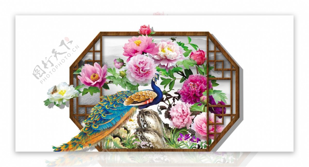 孔雀花卉背景墙