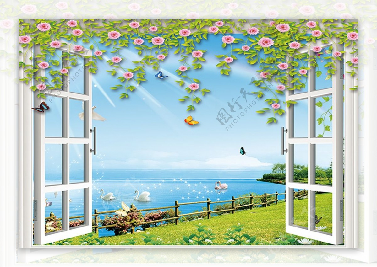 3D窗户花藤海滩背景墙