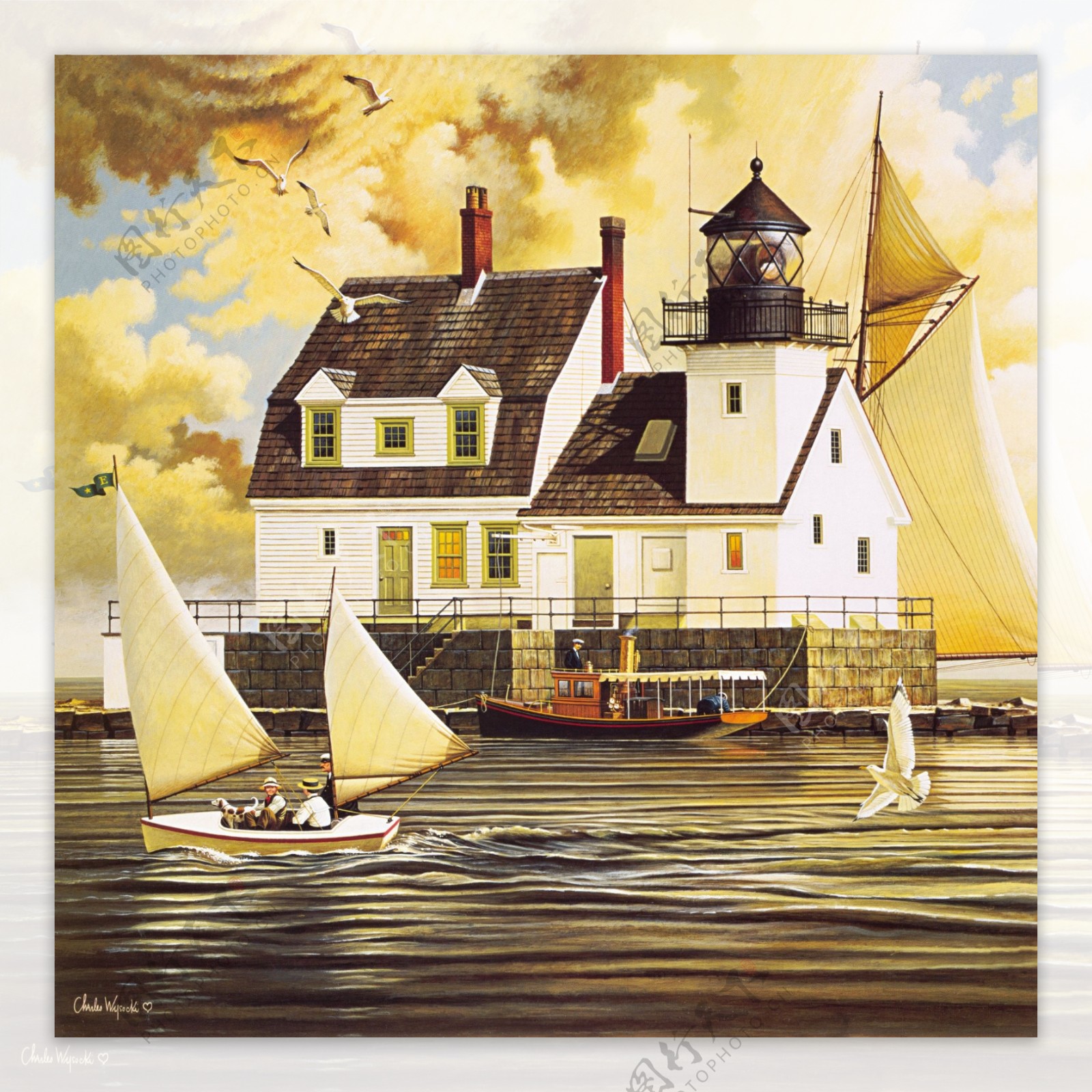 风景油画海边帆船小镇