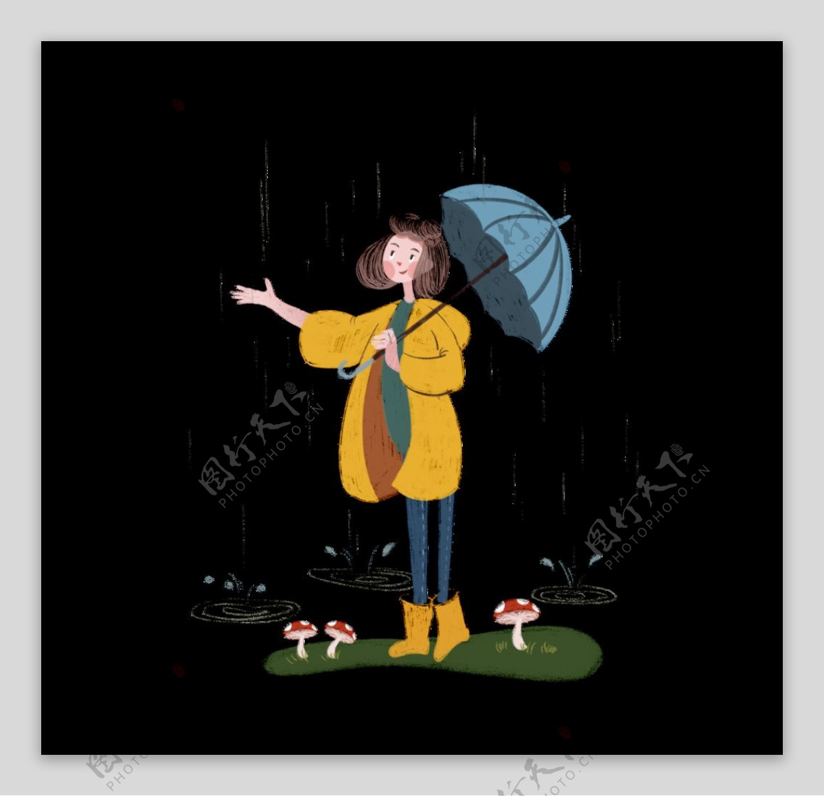 小女孩下雨撑伞