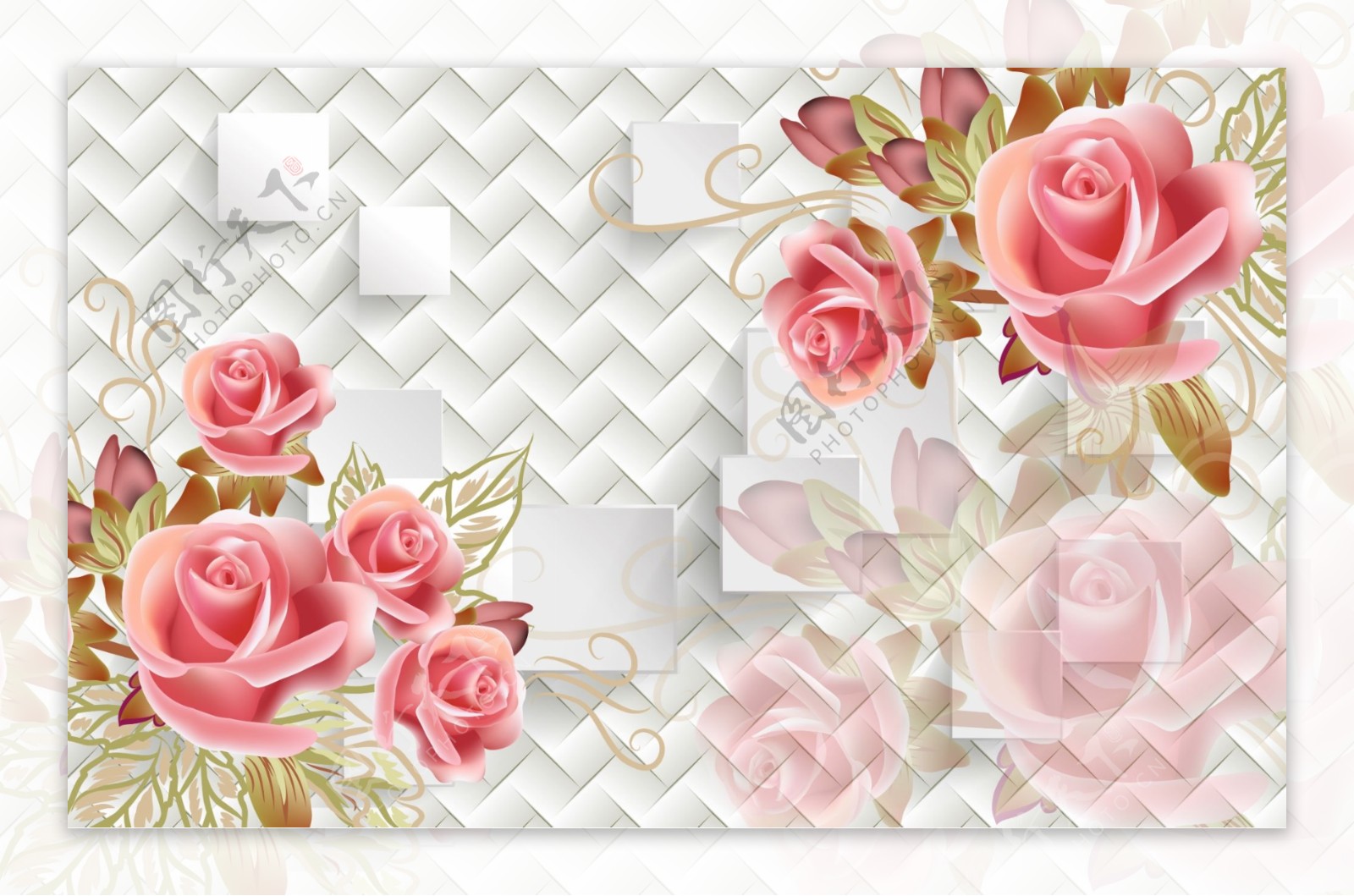 3D方块玫瑰花卉背景墙