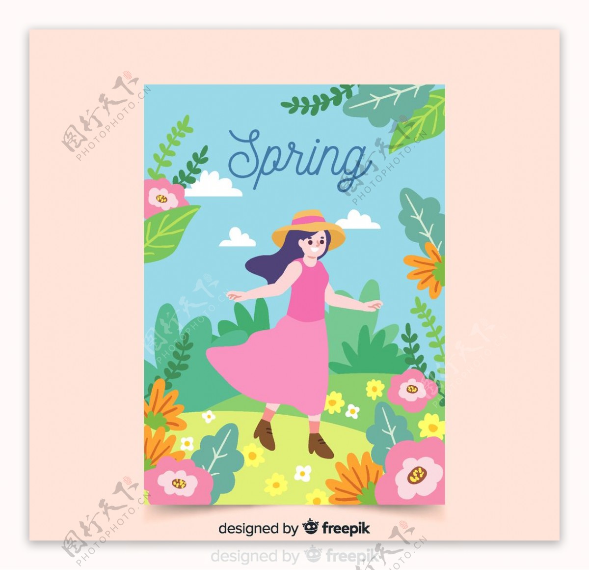 创意春季郊外女子卡片