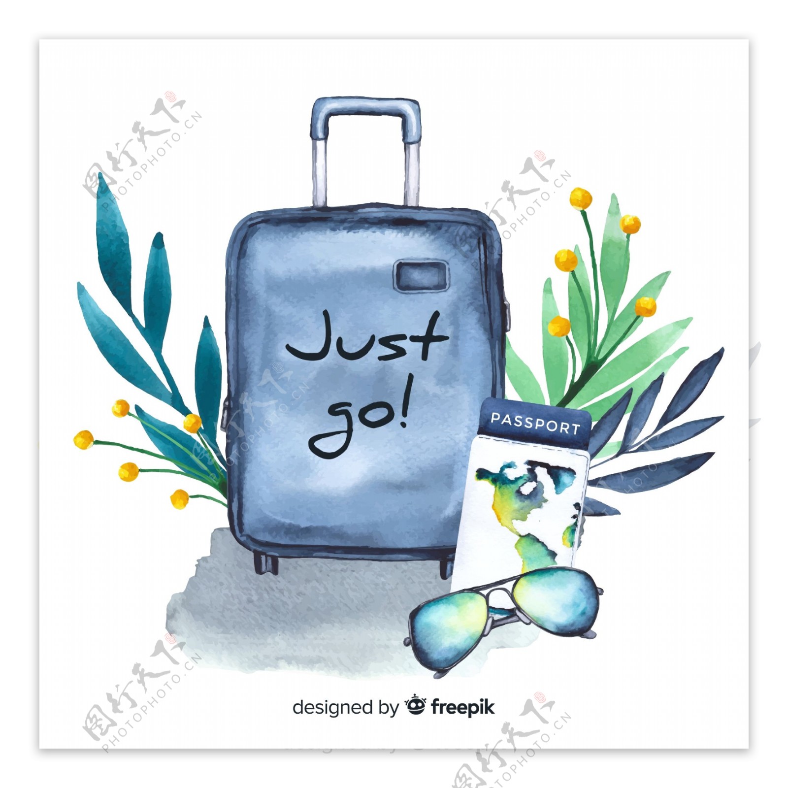 水彩绘行李箱和树叶