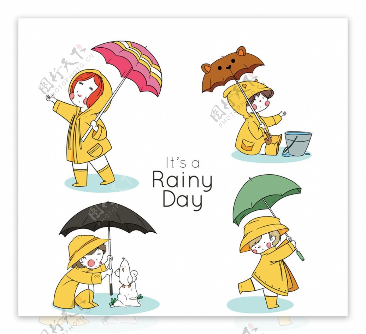 彩绘雨天打伞的儿童矢量素材