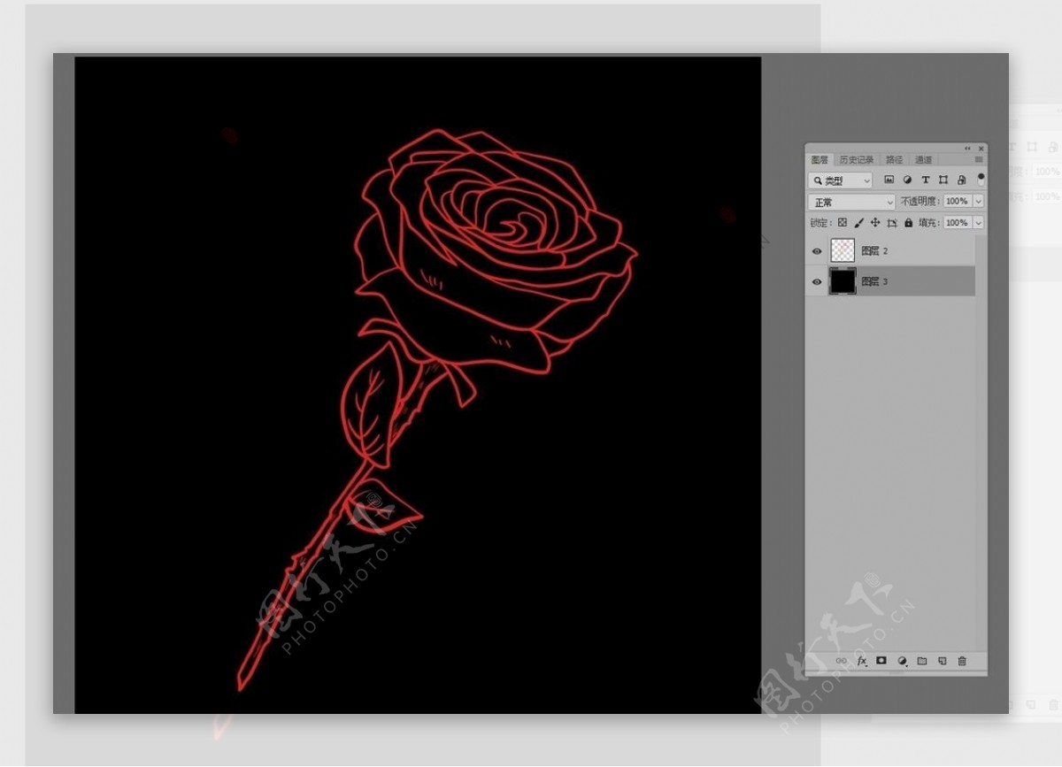 黑底红色手绘线条一束玫瑰花枝叶