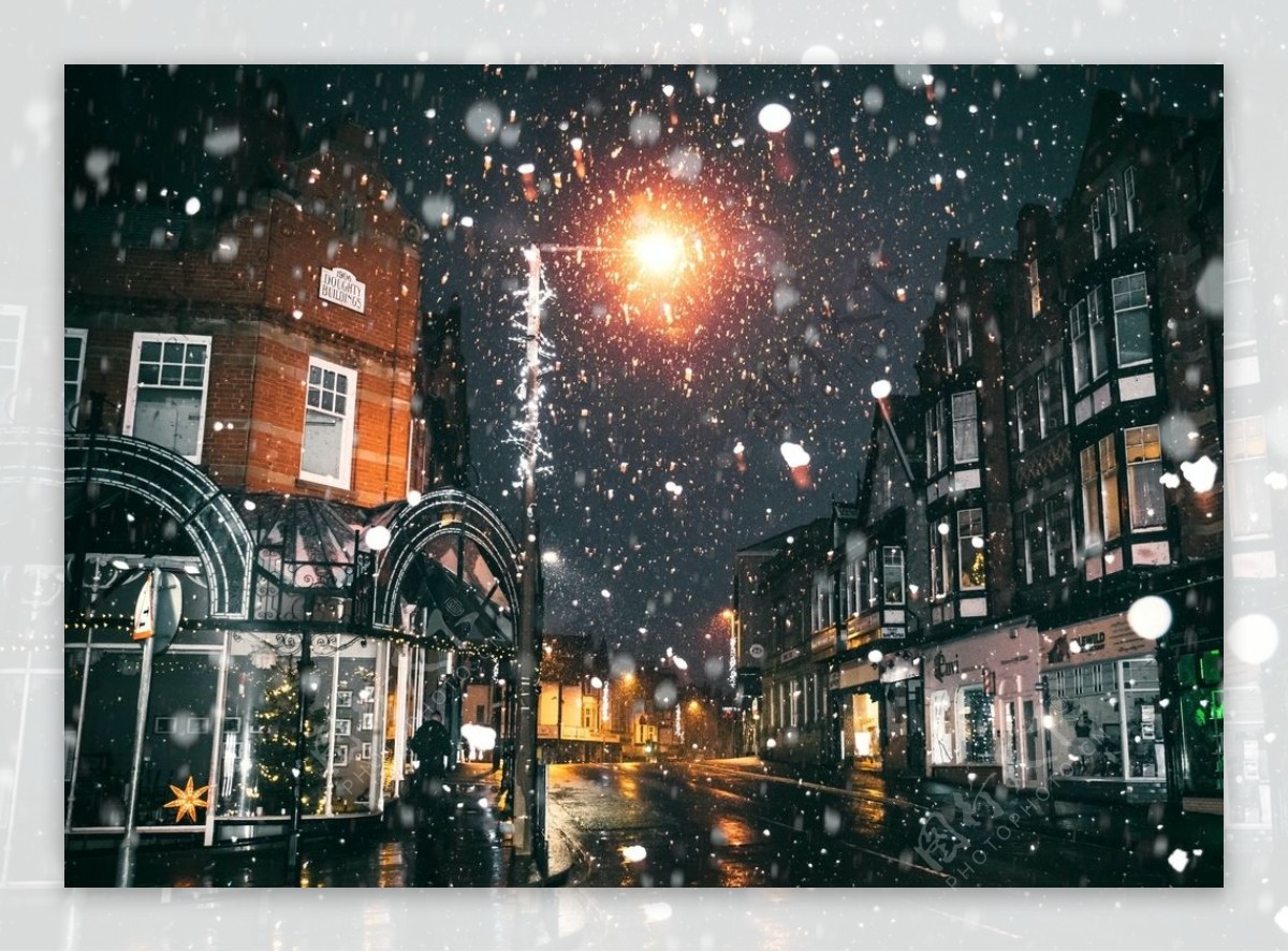 建筑城市街头雪景夜晚背景素材