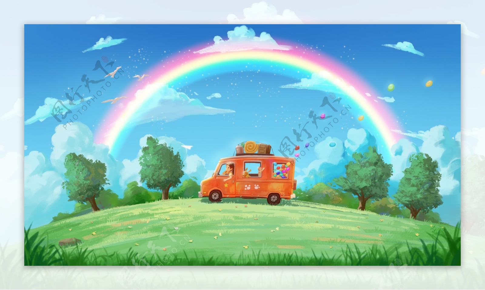 小汽车草坪彩虹插画卡通背景