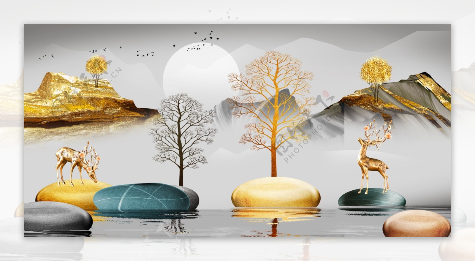 新中式金色山水麋鹿大树装饰画