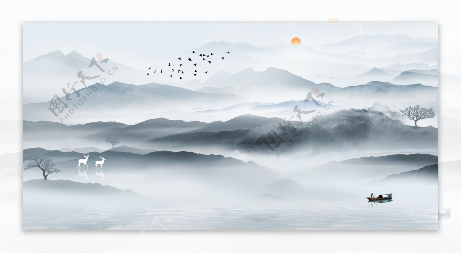 新中式手绘水墨意境山水装饰画