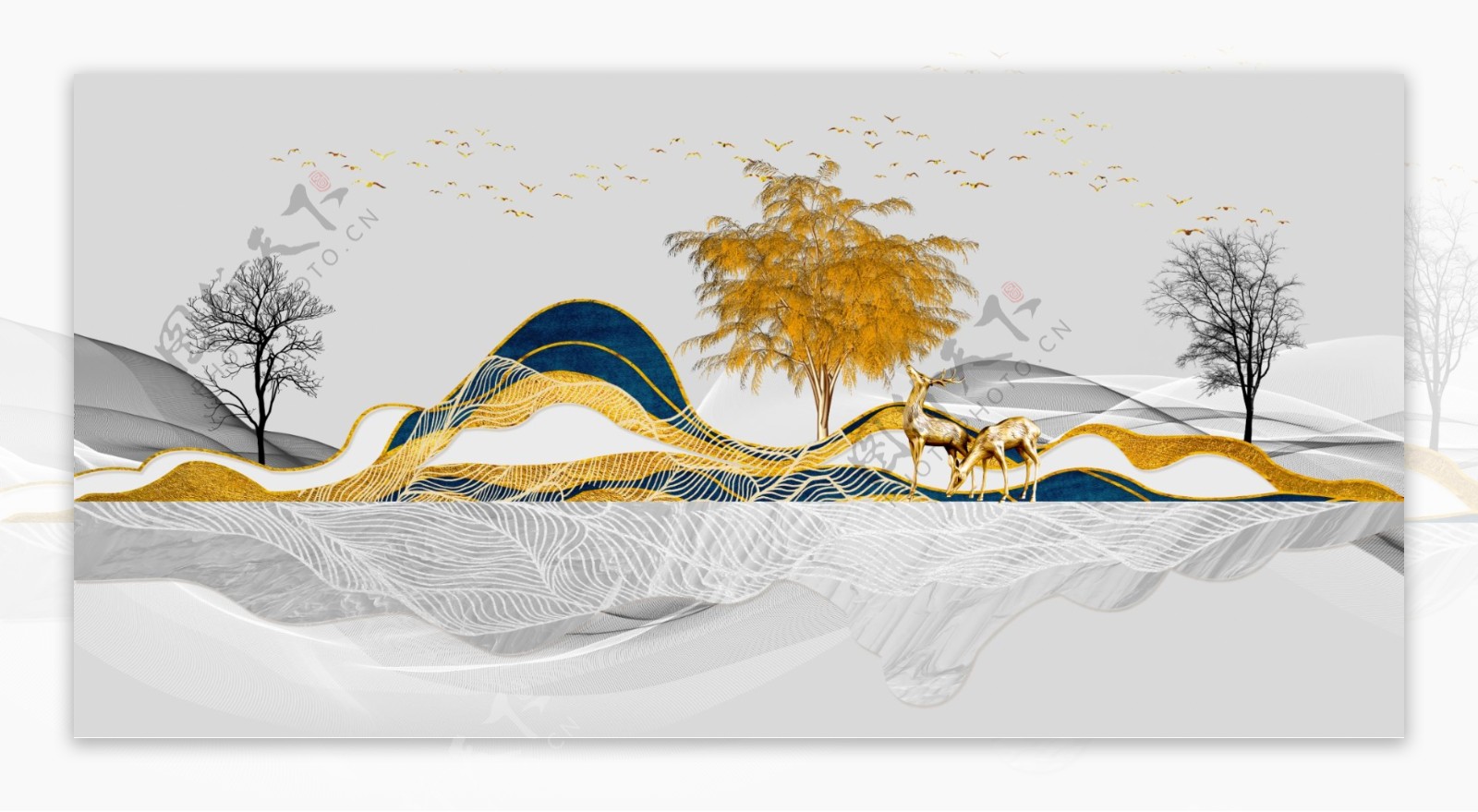 新中式鎏金线条水墨山水装饰画