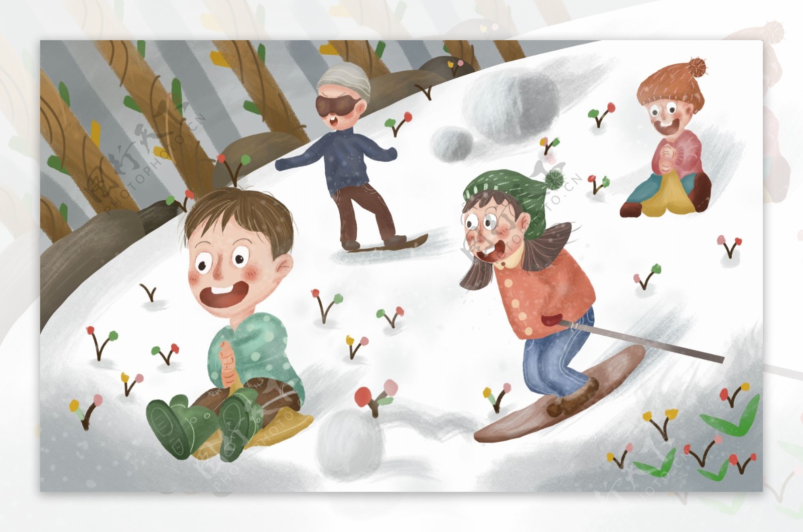 冬季滑雪清新卡通插画背景素材
