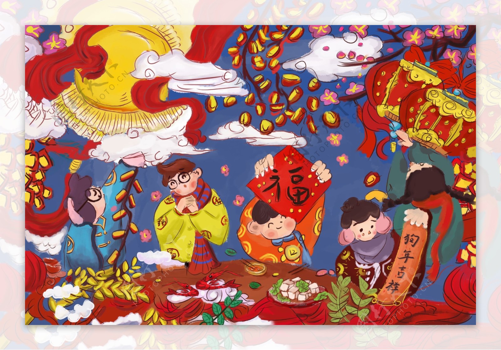 新年春节国风插画卡通背景素材